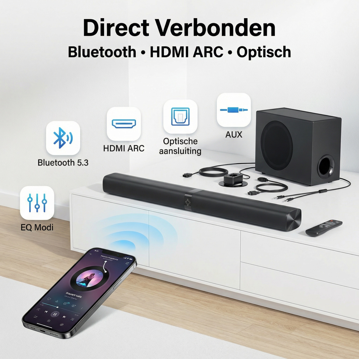 SyncGear 2-in-1 Soundbar met Subwoofer – Nieuw 2026 – Geen Luiden Opstart Geluiden – Home Cinema – 130W – Bluetooth 5.3 – HDMI ARC – TV Speakers – Surround Set Home Cinema – Draadloze Actieve Subwoofer