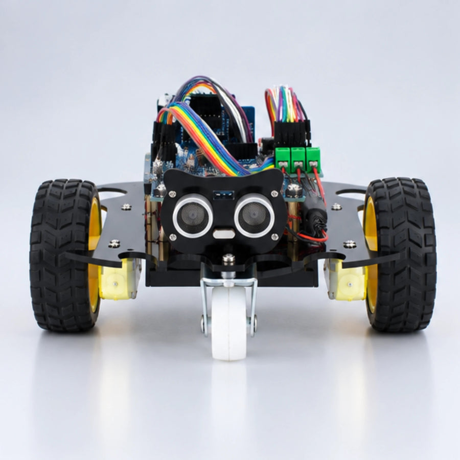 SyncGear Arduino 2WD robot bouwpakket, vooraanzicht met ultrasone afstandssensor