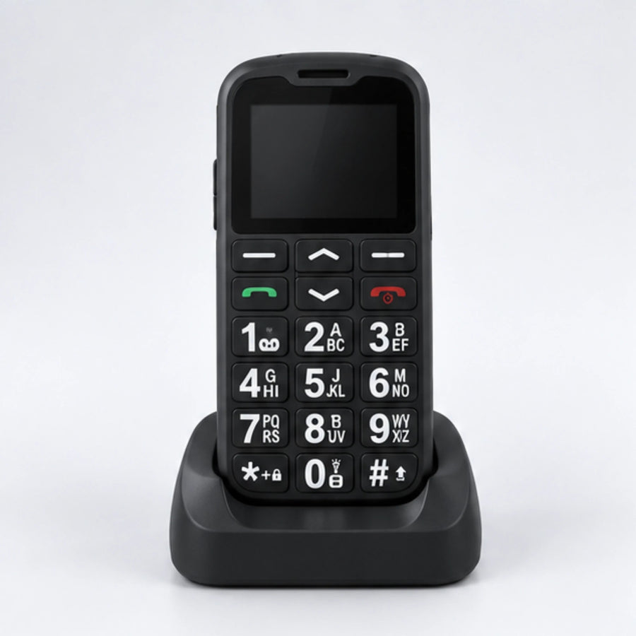 SyncGear Senioren GSM 4G in het oplaadstation, van voren met de grote toetsen