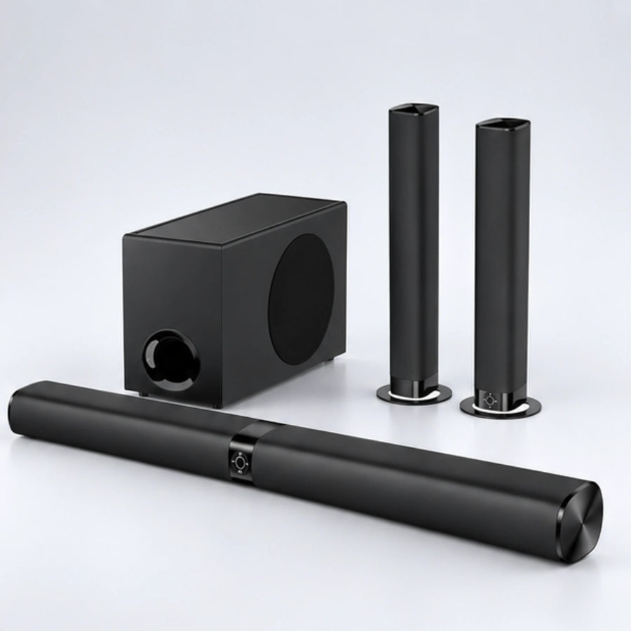 SyncGear 2-in-1 soundbar met subwoofer en twee losse speakers, schuin van voren