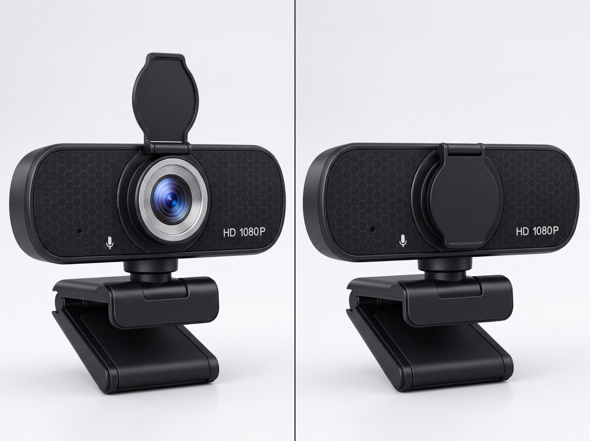 SyncGear webcam met privacy cover: links open, rechts dicht voor de lens