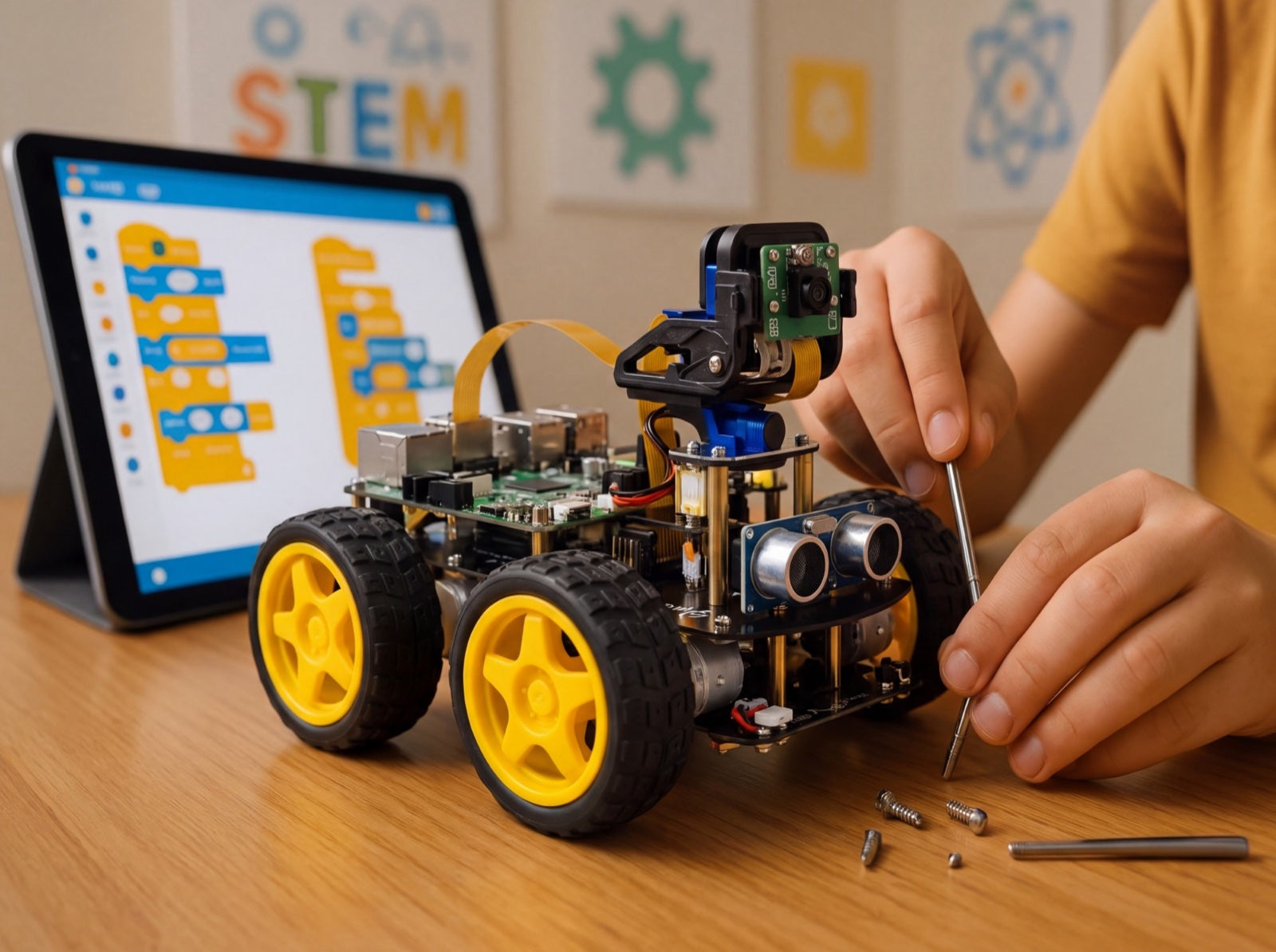 Handen zetten de SyncGear Raspberry Pi robot in elkaar met een schroevendraaier