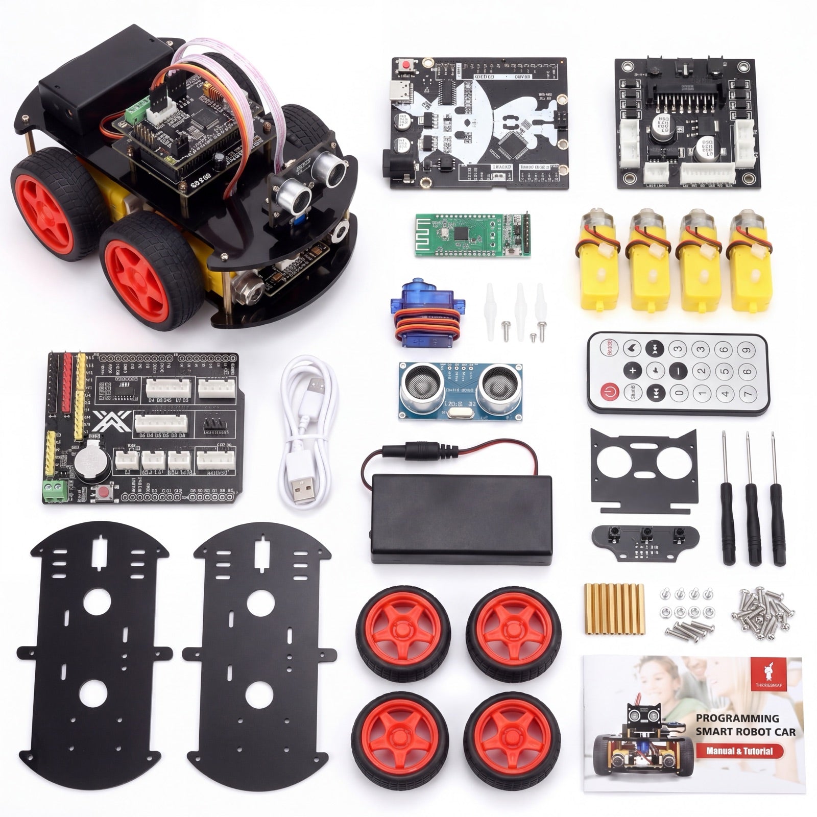 Alle onderdelen van het SyncGear 4WD robotbouwpakket uitgestald