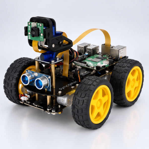 SyncGear 4WD Raspberry Pi robot kit, schuin van voren met camera en ultrasone sensor