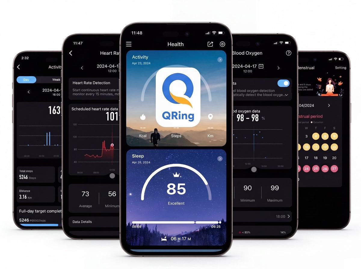 Schermen van de app bij de SyncGear Smart Ring: activiteit, hartslag, slaap, zuurstof en cyclus