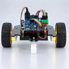 SyncGear Arduino 2WD robot bouwpakket, achteraanzicht met printplaat en zwenkwiel