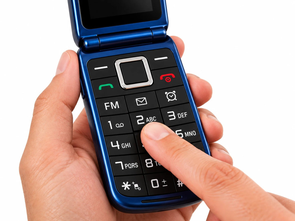 Een vinger op de grote toetsen van de SyncGear Flip GSM