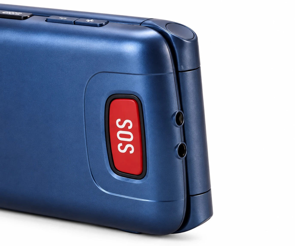 De rode SOS-knop op de achterkant van de SyncGear Flip GSM