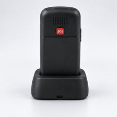 Achterkant van de SyncGear Senioren GSM 4G met SOS-knop in het oplaadstation