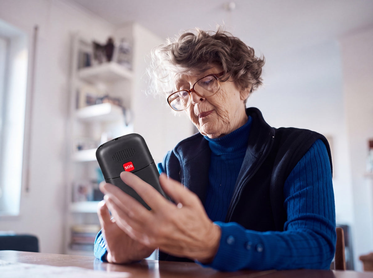 Een oudere vrouw met bril bekijkt de SyncGear Senioren GSM met de SOS-knop achterop