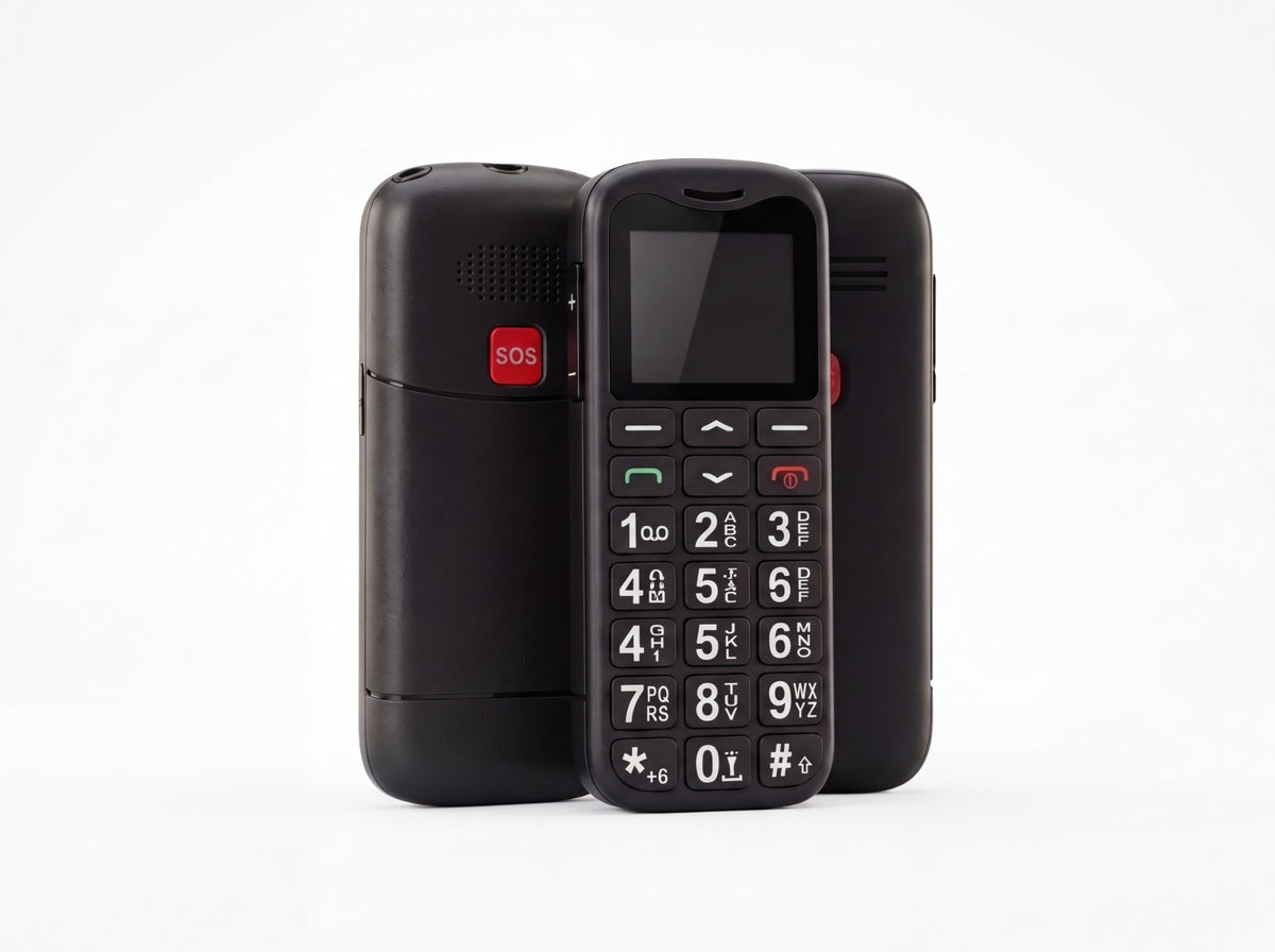 De SyncGear Senioren GSM van voren, van achteren met SOS-knop en van opzij