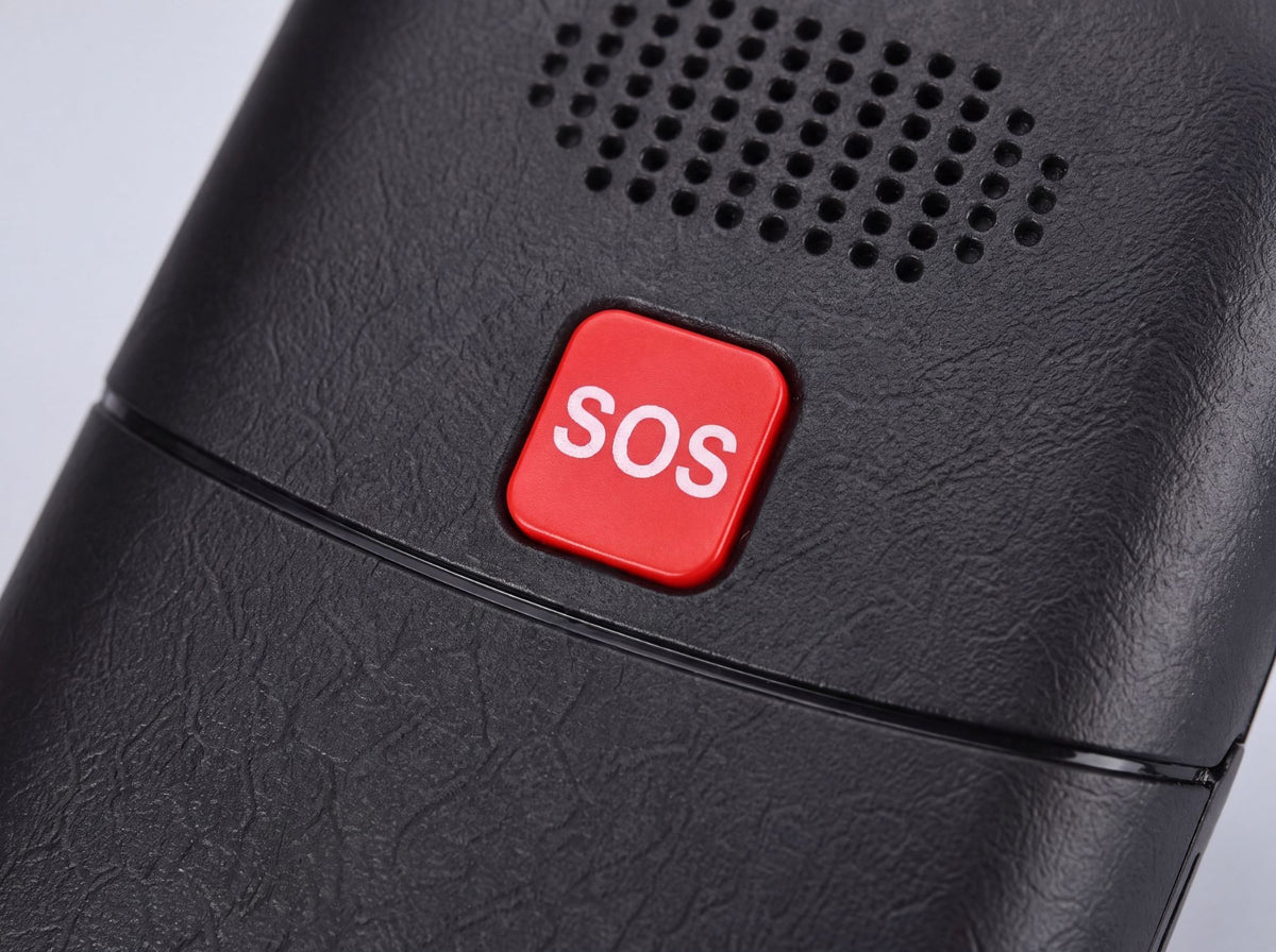 De rode SOS-knop op de achterkant van de SyncGear Senioren GSM