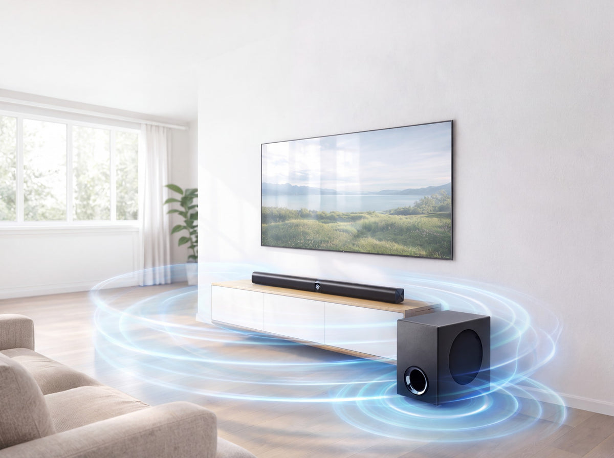 De SyncGear 2-in-1 soundbar met subwoofer onder een tv in de woonkamer