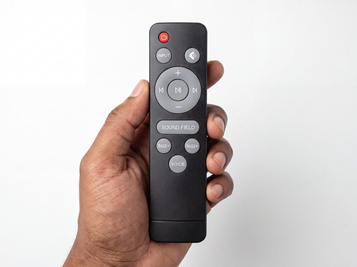 De afstandsbediening van de soundbar in een hand