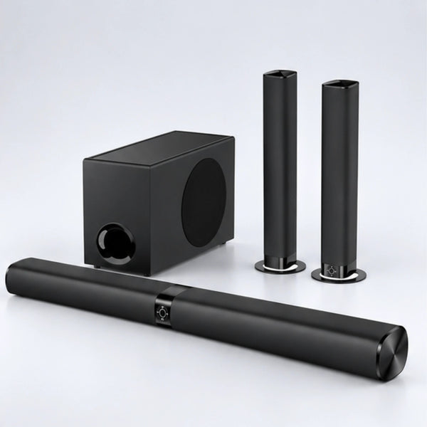 SyncGear 2-in-1 soundbar met subwoofer en twee losse speakers, schuin van voren