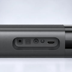 Aansluitingen op de SyncGear soundbar: stroom, optisch, AUX en HDMI