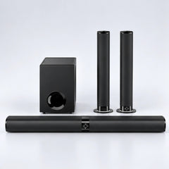 SyncGear soundbar met subwoofer en twee speakers naast elkaar