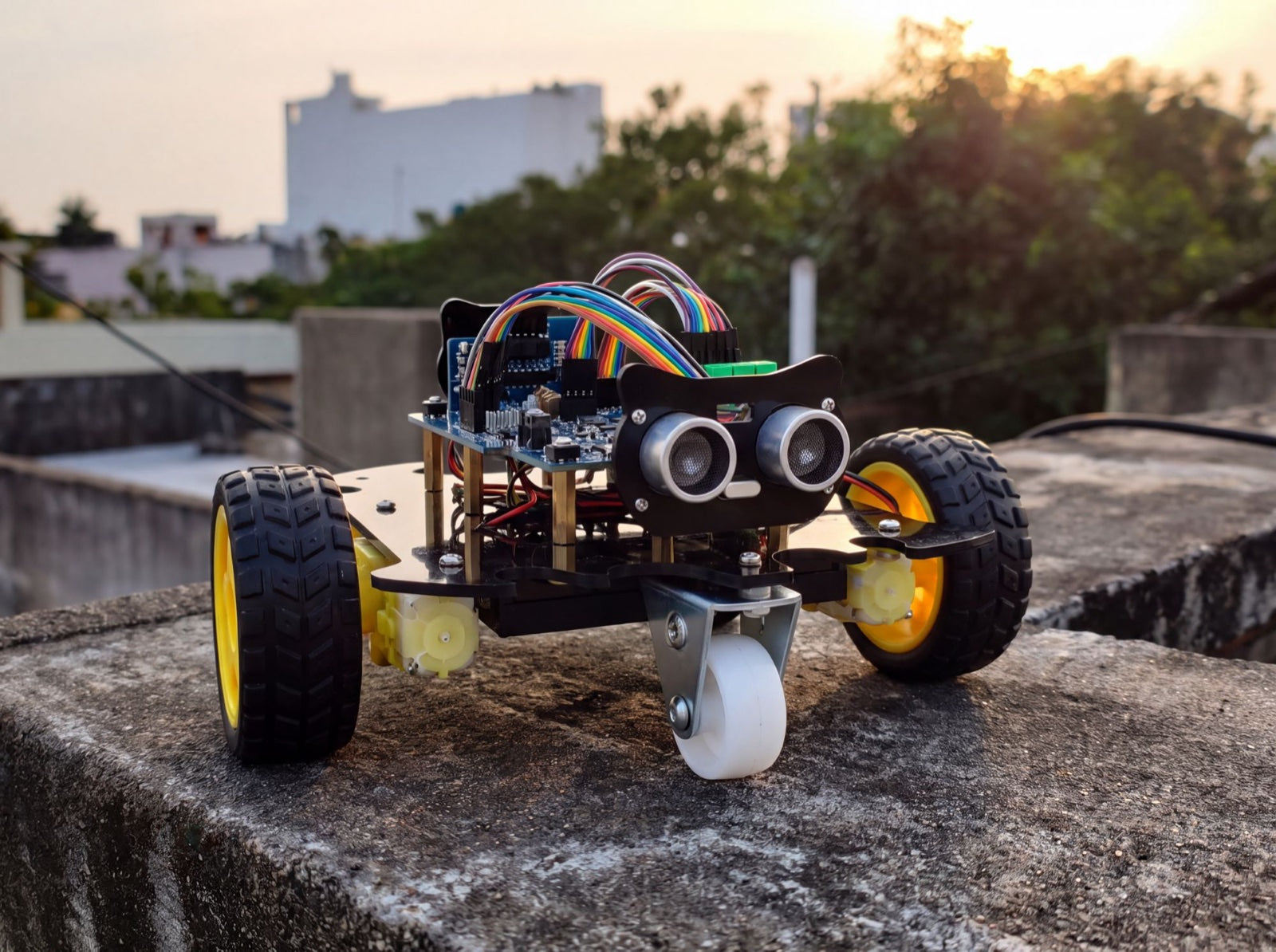De SyncGear 2WD robot buiten op een muurtje bij zonsondergang