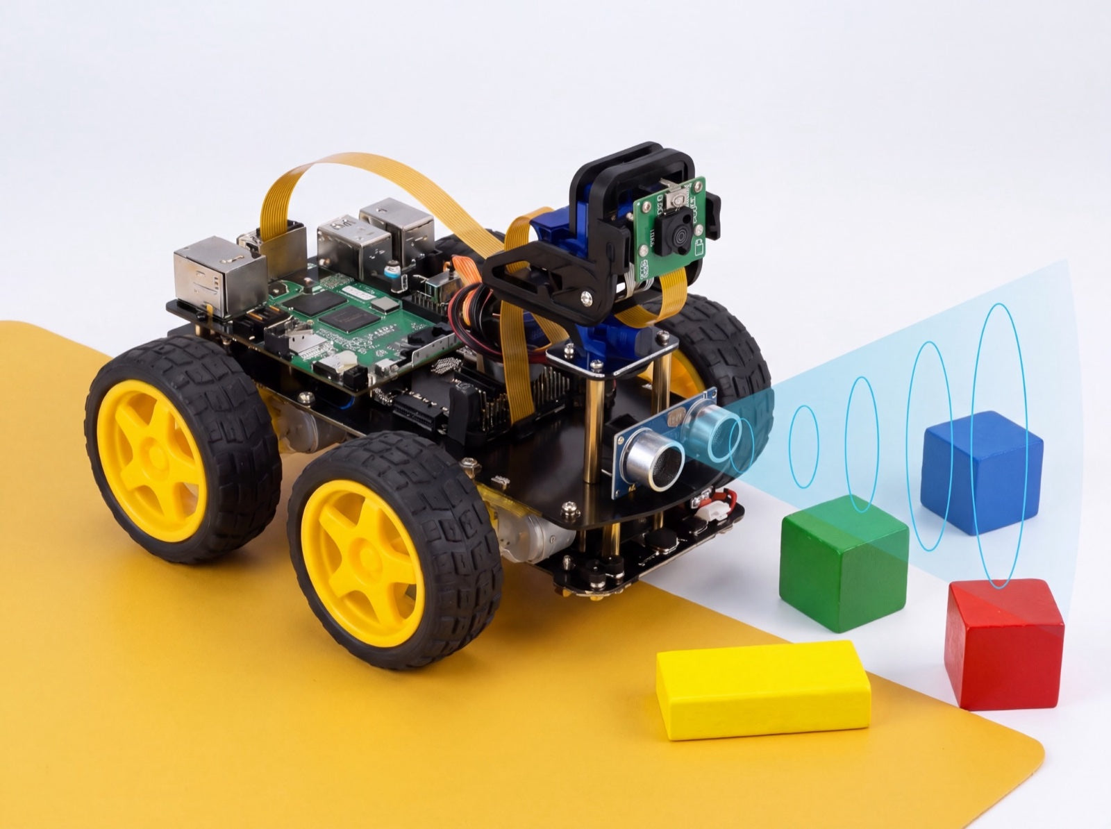 De SyncGear 4WD Raspberry Pi-robot meet met zijn ultrasone sensor de afstand tot gekleurde blokken