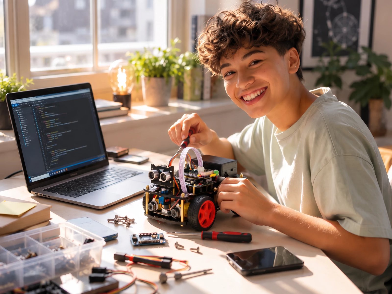 Tiener bouwt de robotauto aan het bureau, met de code op de laptop